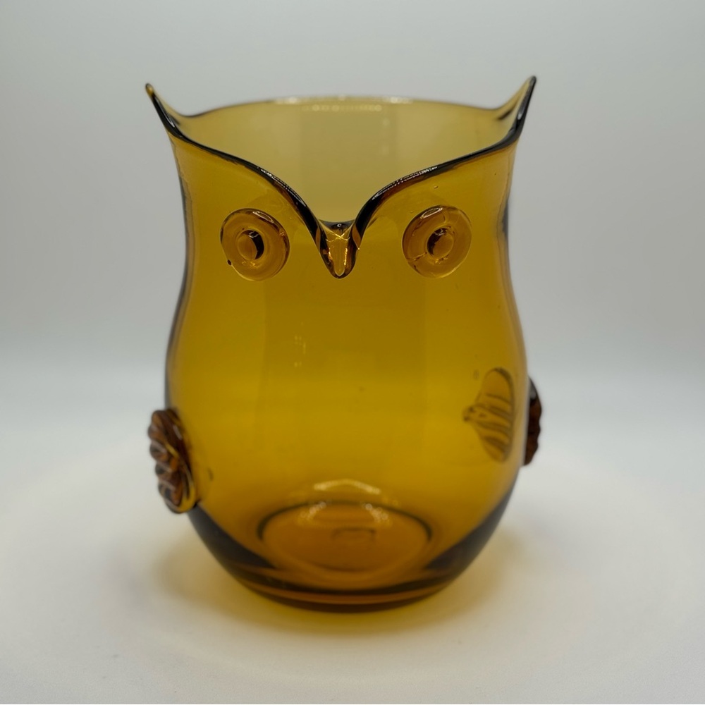 Vintage Art Glass Owl Vase Amber 7.5” X 5.5” Applied Eyes And Wings | Wise Buy